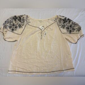 Max Studio Cream Peasant Blouse with Black Floral Embroidery